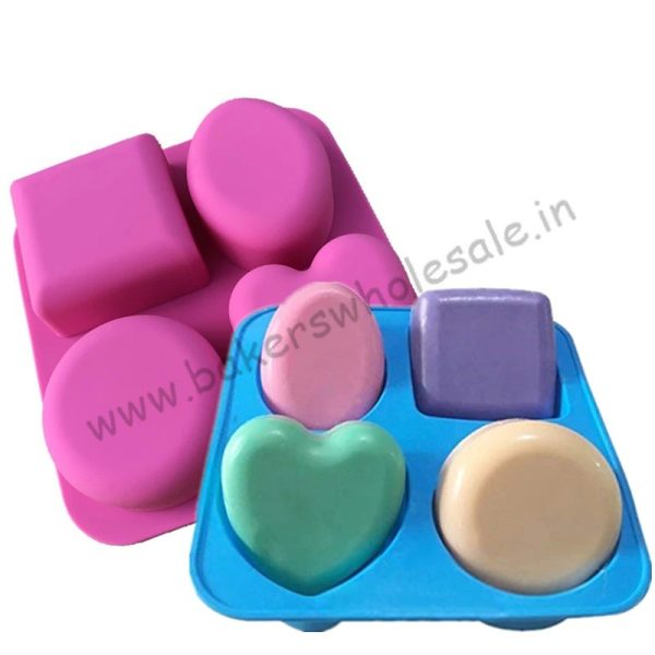 100 Gram 4 cavity Silicone Round Oval Heart Square Shape Handmade Soap Mold 4 in 1