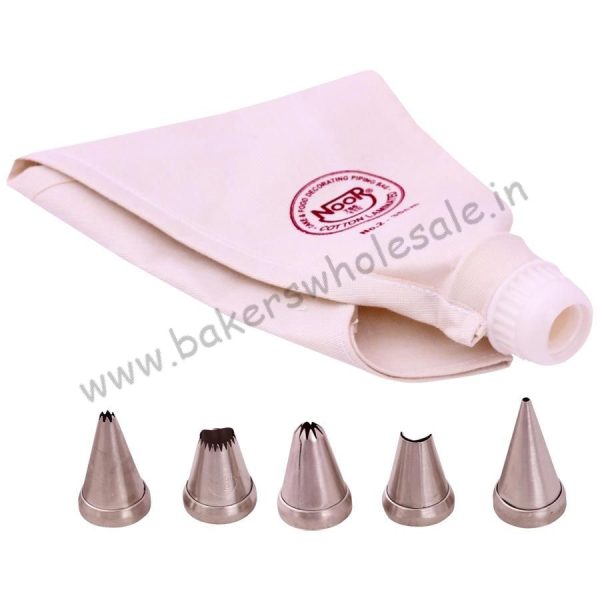 Noor Cake Decoration Cotton Icing Bag - Reusable, 35 cm With 5 Nozzle, Cream