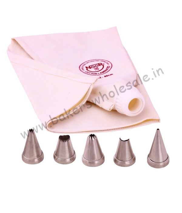 Noor Cake Decoration Cotton Icing Bag - Reusable, 35 cm With 5 Nozzle, Cream - Image 4