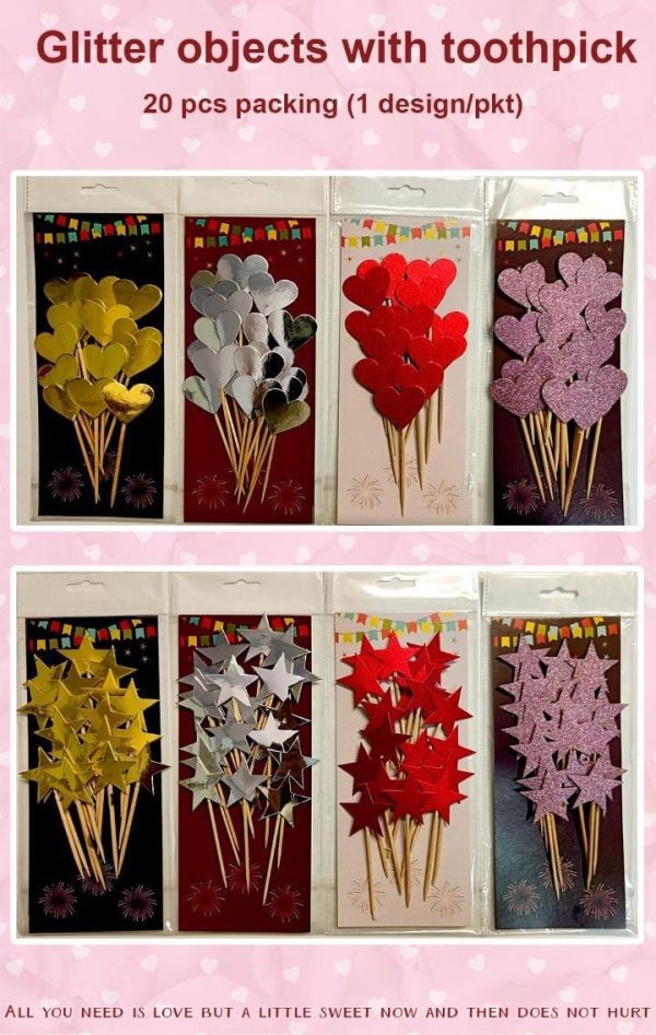 20 Pcs/pkt Glitter Objects Topper Paper Tags with Toothpick