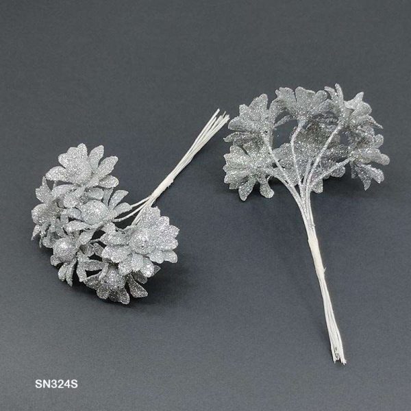 GLITTER FLOWER SILVER - 6pcs 1 bunch